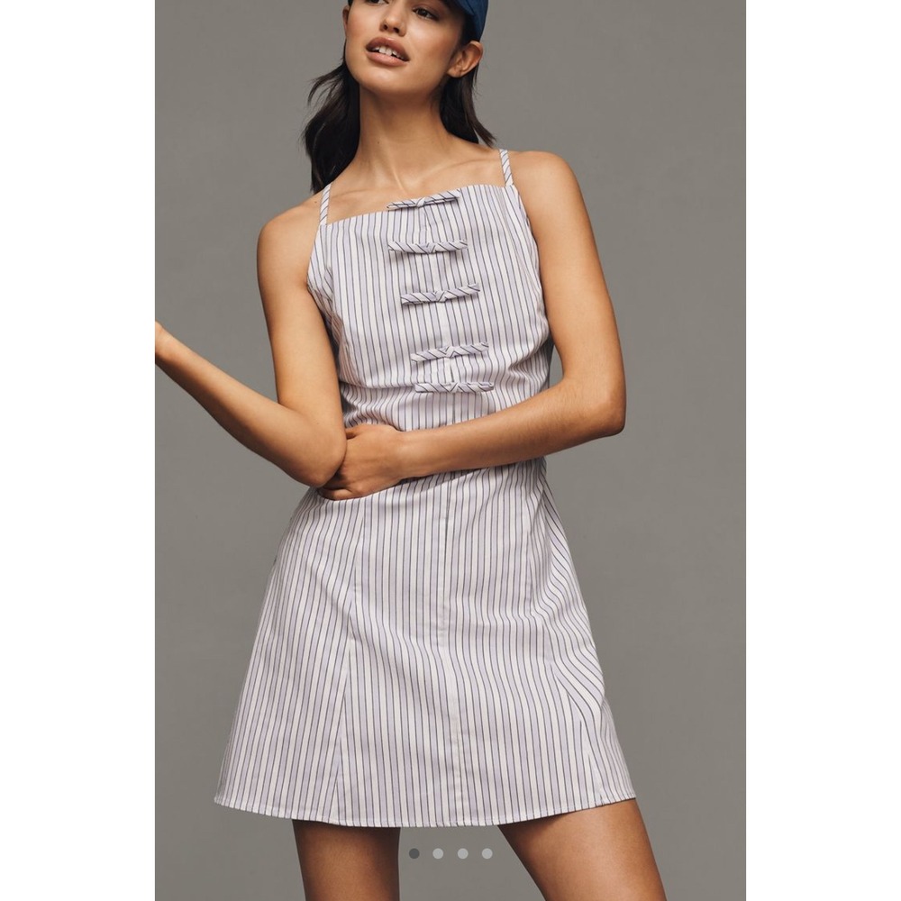 Exquise Anthropologie high neck bow mini dress Lavender Stripe Petite LP